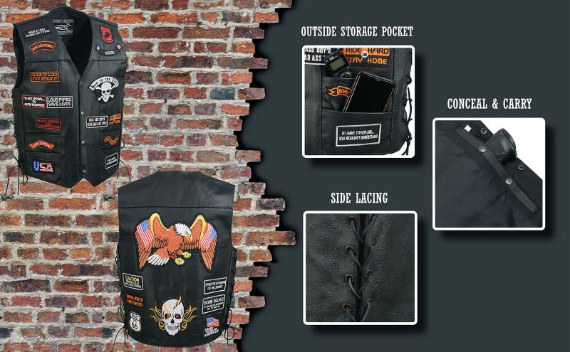 EVENT LEATHER ELM3920 Men's Black Leather Pre-Patched Bikers Vest w/ 6 Pockets - 23 Patches and Side Laces - 3X-Large - Image 2
